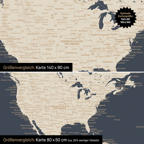 Confronto dimensioni di una mappa del mondo su tela nei formati 140 x 90 cm e 80 x 50 cm