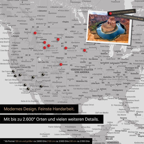 Mappa dettagliata del mondo come Mappa per puntine in grigio chiaro per segnare fino a 2.600 destinazioni di viaggio negli USA, Canada e Messico, ideale per la rappresentazione visiva di viaggi passati e piani di viaggio futuri