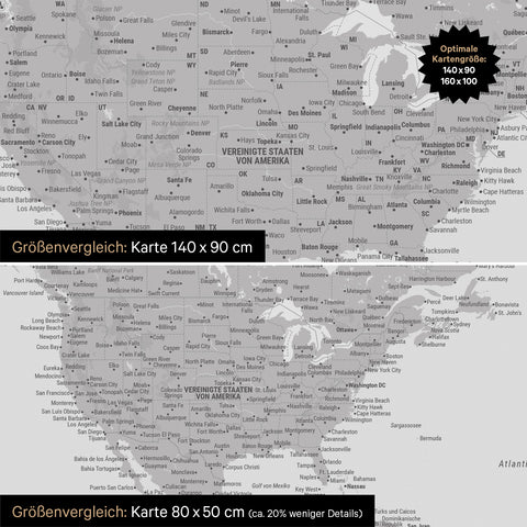 Confronto dimensioni di una mappa del mondo su tela nei formati 140 x 90 cm e 80 x 50 cm