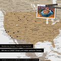 Mappa per puntine dettagliata del mondo in multicolore beige per segnare fino a 2.600 destinazioni di viaggio negli USA, Canada e Messico, ideale per la rappresentazione visiva di viaggi passati e piani di viaggio futuri