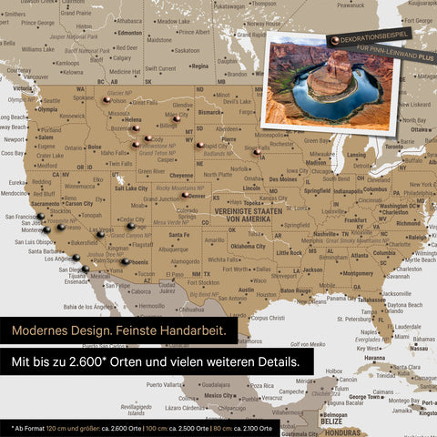 Mappa per puntine dettagliata del mondo in multicolore beige per segnare fino a 2.600 destinazioni di viaggio negli USA, Canada e Messico, ideale per la rappresentazione visiva di viaggi passati e piani di viaggio futuri