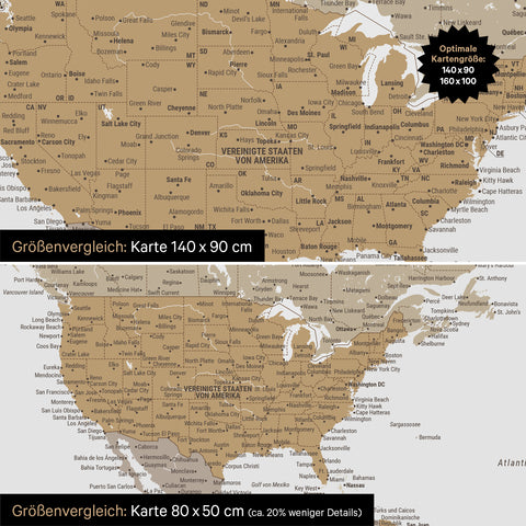 Confronto dimensioni di una mappa del mondo su tela nei formati 140 x 90 cm e 80 x 50 cm