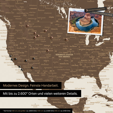 Mappa per puntine dettagliata del mondo in Multicolor Brown per segnare fino a 2.600 destinazioni di viaggio negli USA, Canada e Messico, ideale per la rappresentazione visiva di viaggi passati e piani di viaggio futuri