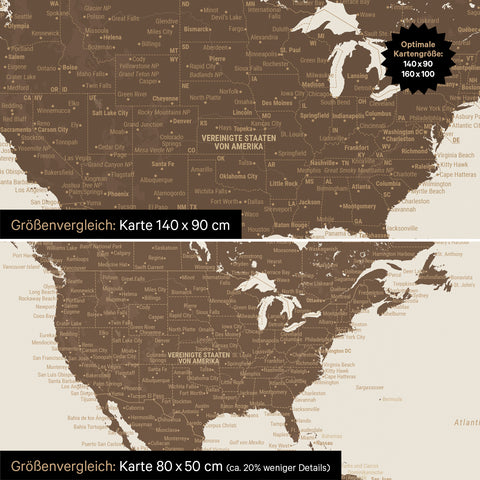 Confronto dimensioni di una mappa del mondo su tela nei formati 140 x 90 cm e 80 x 50 cm