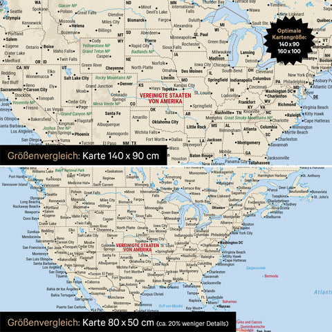 Confronto dimensioni di una mappa del mondo su tela nei formati 140 x 90 cm e 80 x 50 cm