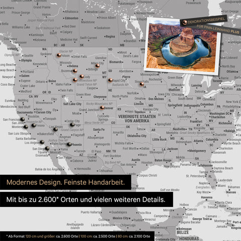 Mappa per puntine dettagliata del mondo in multicolore grigio per segnare fino a 2.600 destinazioni di viaggio negli USA, Canada e Messico, ideale per la rappresentazione visiva di viaggi passati e piani di viaggio futuri