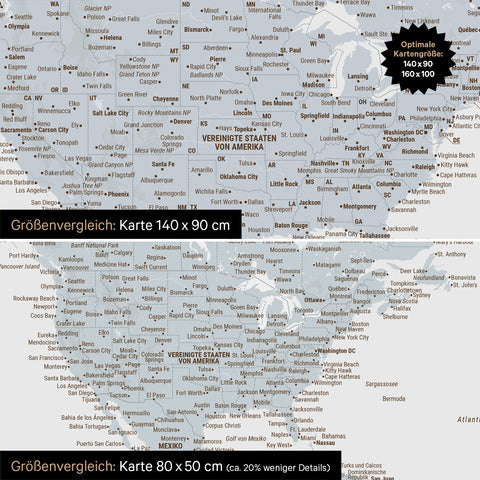 Confronto dimensioni di una mappa del mondo su tela nei formati 140 x 90 cm e 80 x 50 cm