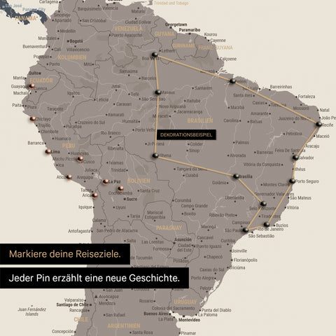 Dettaglio di una mappa del mondo come Mappa da puntine multicolore opaca con puntine che mostrano un itinerario di viaggio tracciato in Sud America attraverso i paesi Brasile, Perù ed Ecuador