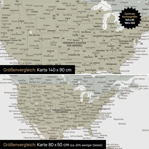 Confronto dimensioni di una mappa del mondo su tela nei formati 140 x 90 cm e 80 x 50 cm
