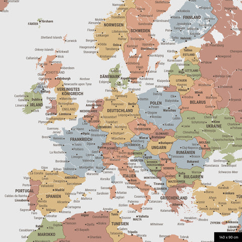 A detailed section of a multicolor sienna world map pinboard shows a section of Europe with all countries and capitals.
