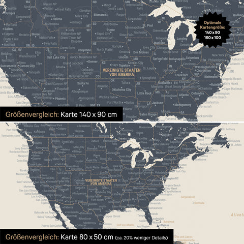 Confronto dimensioni di una mappa del mondo su tela nei formati 140 x 90 cm e 80 x 50 cm