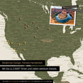 Mappa dettagliata del mondo come Mappa per puntine in verde oliva per segnare fino a 2.600 destinazioni di viaggio negli USA, Canada e Messico, ideale per la rappresentazione visiva di viaggi passati e piani di viaggio futuri