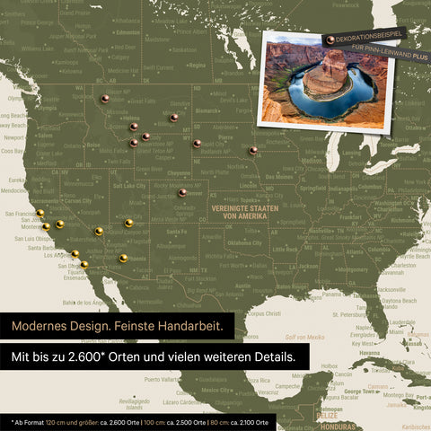 Mappa dettagliata del mondo come Mappa per puntine in verde oliva per segnare fino a 2.600 destinazioni di viaggio negli USA, Canada e Messico, ideale per la rappresentazione visiva di viaggi passati e piani di viaggio futuri