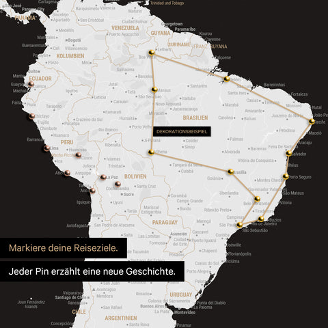 Dettaglio di una mappa del mondo come Mappa da puntine in bianco e nero con puntine che mostrano un itinerario di viaggio tracciato in Sud America attraverso i paesi Brasile, Perù ed Ecuador