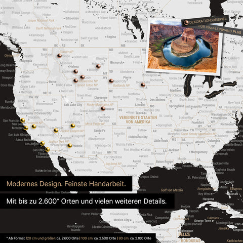Mappa dettagliata del mondo in bianco e nero come Mappa per puntine per segnare fino a 2.600 destinazioni di viaggio negli USA, Canada e Messico, ideale per la rappresentazione visiva di viaggi passati e piani di viaggio futuri