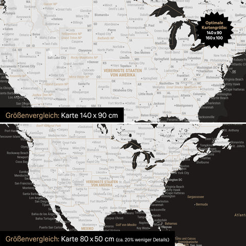 Confronto dimensioni di una mappa del mondo su tela nei formati 140 x 90 cm e 80 x 50 cm
