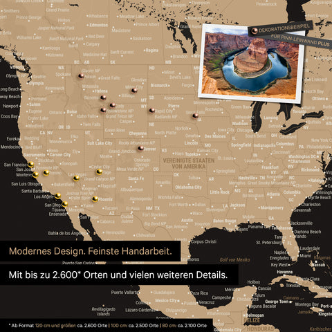 Mappa dettagliata del mondo come Mappa per puntine in Sonar Black (nero-oro) per segnare fino a 2.600 destinazioni di viaggio negli USA, Canada e Messico, ideale per la rappresentazione visiva di viaggi passati e piani di viaggio futuri