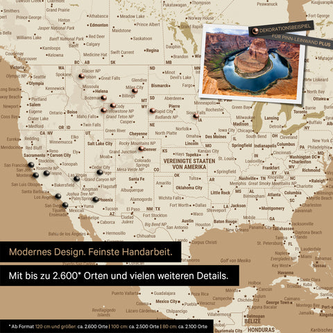 Mappa per puntine dettagliata del mondo in Treasure Gold per segnare fino a 2.600 destinazioni di viaggio negli USA, Canada e Messico, ideale per la rappresentazione visiva di viaggi passati e piani di viaggio futuri