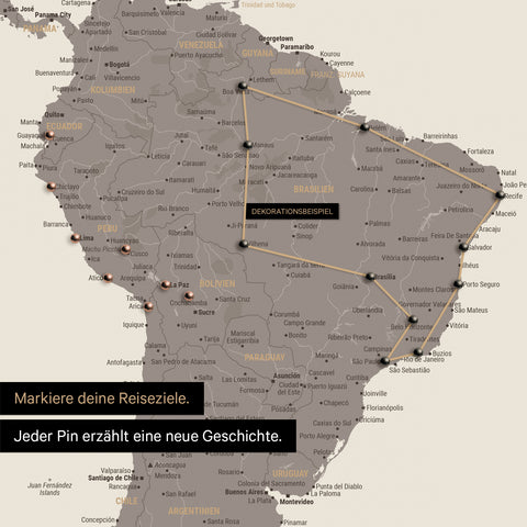 Dettaglio di una mappa del mondo come Mappa da puntine in Warmgray (marrone-grigio) con puntine che mostrano un itinerario di viaggio tracciato in Sud America attraverso i paesi Brasile, Perù ed Ecuador