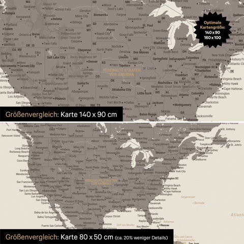 Confronto dimensioni di una mappa del mondo su tela nei formati 140 x 90 cm e 80 x 50 cm