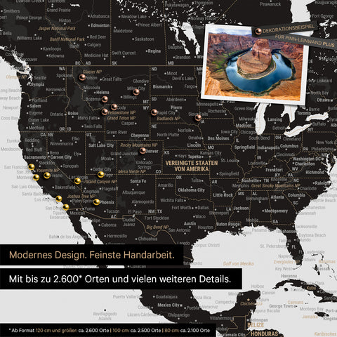 Mappa dettagliata del mondo come Mappa per puntine in Light Black (bianco nero) per segnare fino a 2.600 destinazioni di viaggio negli USA, Canada e Messico, ideale per la rappresentazione visiva di viaggi passati e piani di viaggio futuri