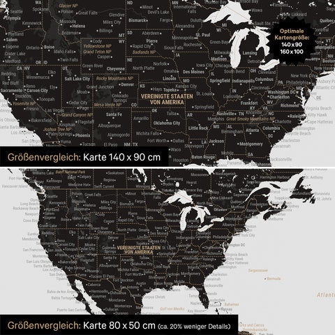 Confronto dimensioni di una mappa del mondo su tela nei formati 140 x 90 cm e 80 x 50 cm