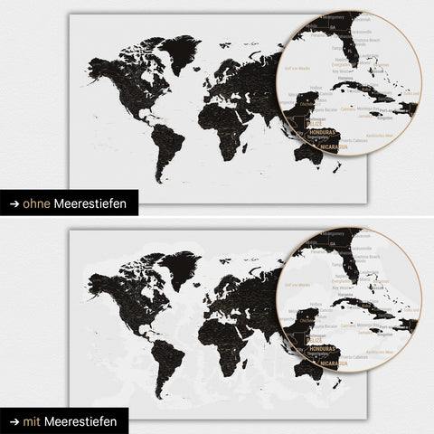 Mappa del mondo in colore Nero Chiaro con profondità marine bidimensionali