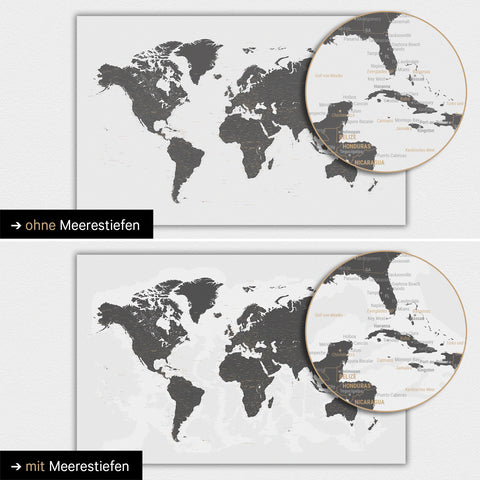 Mappa del mondo in colore grigio chiaro con profondità marine bidimensionali