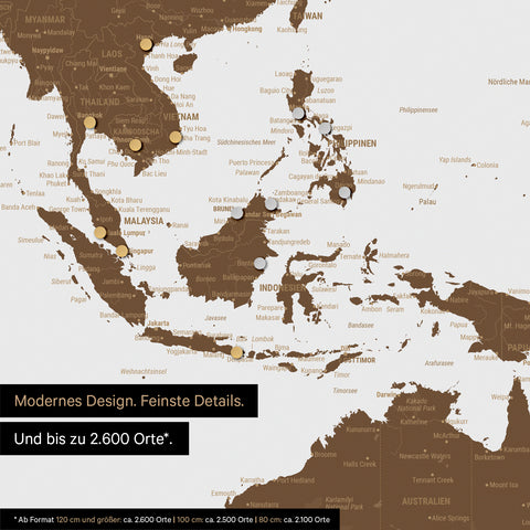 Dettaglio di una mappa magnetica del mondo marrone che mostra la mappa dell'Asia, sulla quale magneti indicano le destinazioni di viaggio