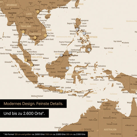 Dettaglio di una mappa magnetica del mondo in bronzo che mostra la mappa dell'Asia, con magneti che indicano le destinazioni di viaggio