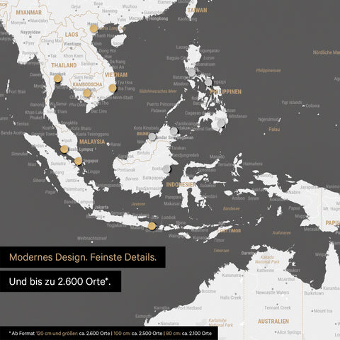 Dettaglio di una mappa magnetica del mondo in grigio scuro che mostra la mappa dell'Asia, con magneti che indicano le destinazioni di viaggio