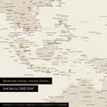 Dettaglio di una mappa magnetica del mondo in oro che mostra la mappa dell'Asia, con magneti che indicano le destinazioni di viaggio