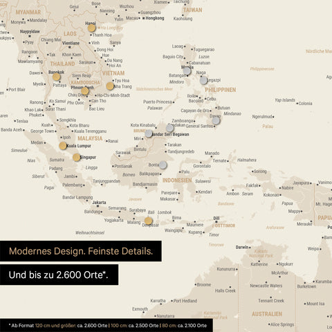 Dettaglio di una mappa magnetica del mondo in oro che mostra la mappa dell'Asia, con magneti che indicano le destinazioni di viaggio