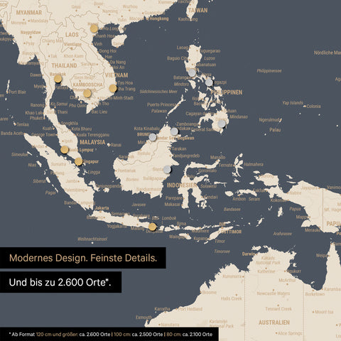 Dettaglio di una mappa magnetica del mondo in Hale Navy (blu scuro-oro) che mostra la mappa dell'Asia, con magneti che indicano le destinazioni di viaggio