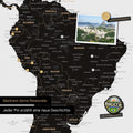 Dettaglio di una mappa del mondo magnetica come lavagna magnetica in Light Black (bianco nero) che mostra il Sud America con una foto appuntata e magneti da viaggio e vacanza
