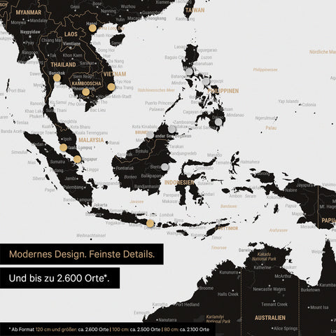Dettaglio di una mappa magnetica del mondo in Light Black (Bianco Nero) che mostra la mappa dell'Asia, con magneti che indicano le destinazioni di viaggio
