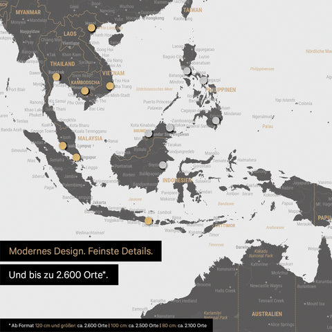 Dettaglio di una mappa magnetica del mondo in grigio chiaro che mostra la mappa dell'Asia, con magneti che indicano le destinazioni di viaggio