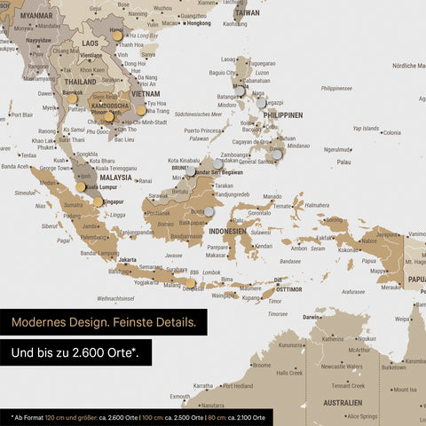 Dettaglio di una mappa magnetica del mondo multicolore beige che mostra la mappa dell'Asia, con magneti che indicano le destinazioni di viaggio