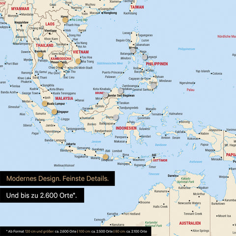 Dettaglio di una mappa magnetica del mondo in Multicolor Classic che mostra la mappa dell'Asia, con magneti che indicano le destinazioni di viaggio