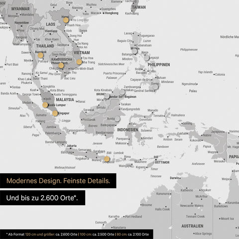 Dettaglio di una mappa magnetica del mondo in grigio multicolore che mostra la mappa dell'Asia, con magneti che indicano le destinazioni di viaggio