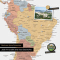 Dettaglio di una mappa del mondo magnetica come lavagna magnetica in Multicolor Sienna che mostra il Sud America con una foto appuntata e magneti da viaggio e vacanza