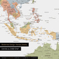 Dettaglio di una mappa magnetica del mondo in Multicolor Sienna che mostra la mappa dell'Asia, con magneti che indicano le destinazioni di viaggio