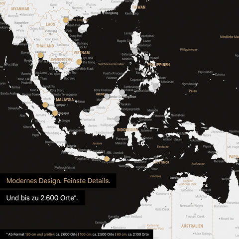 Dettaglio di una mappa magnetica del mondo in bianco e nero che mostra la mappa dell'Asia, sulla quale magneti indicano le destinazioni di viaggio
