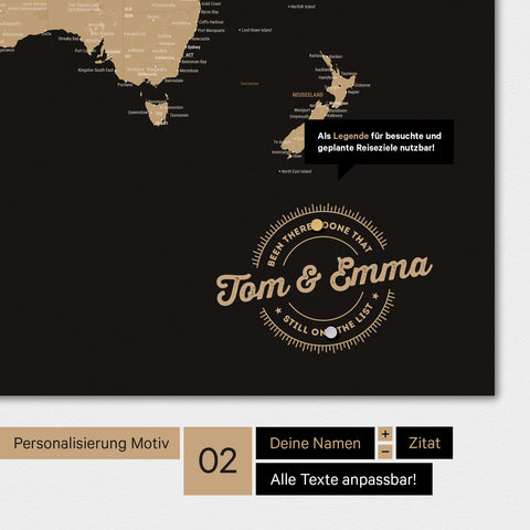 Mappa del mondo magnetica TRAVEL® su lavagna magnetica – Sonar Black (Nero-Oro)