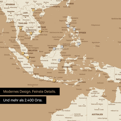 Dettaglio di una mappa magnetica del mondo in Treasure Gold che mostra la mappa dell'Asia, con magneti che indicano le destinazioni di viaggio