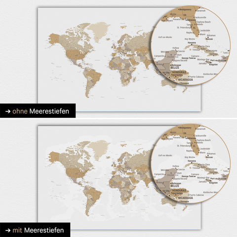 Mappa del mondo a colori multicolore beige con profondità marine bidimensionali