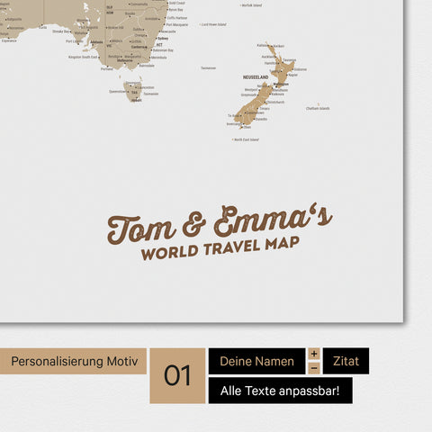 Mappa del mondo personalizzata a colori multicolore beige con il tuo nome stampato