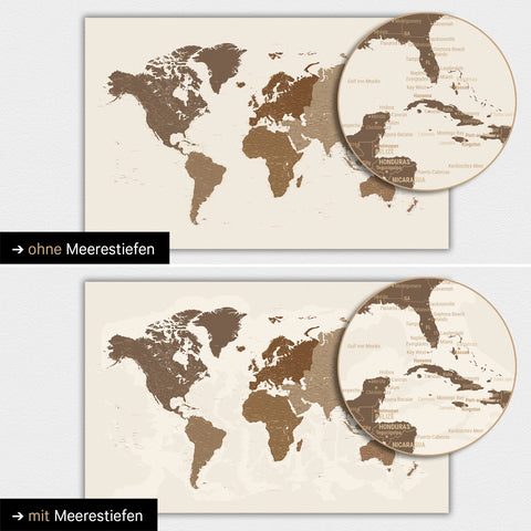 Mappa del mondo a colori multicolore marrone con profondità marine bidimensionali