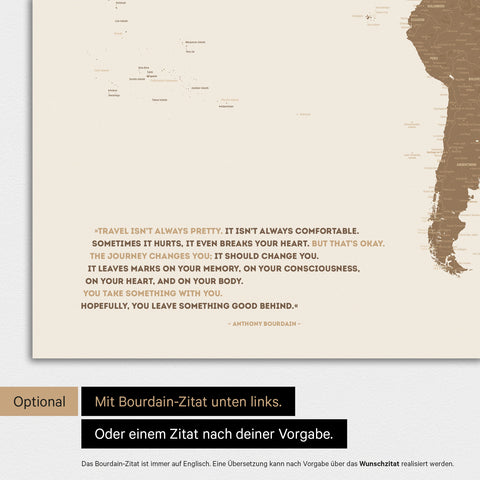 Mappa del mondo a colori multicolore marrone con citazione stampata di Anthony Bourdain, che può essere sostituita con qualsiasi altra citazione durante la personalizzazione