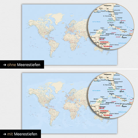 Mappa del mondo a colori Multicolor Classic con profondità marine bidimensionali